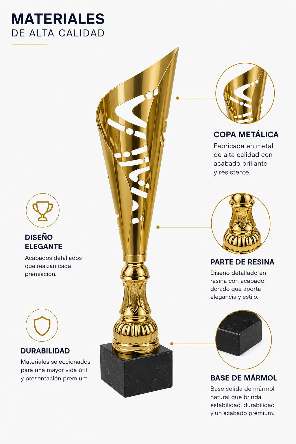 Copa Metálica Color Oro con Base de Mármol Negro
