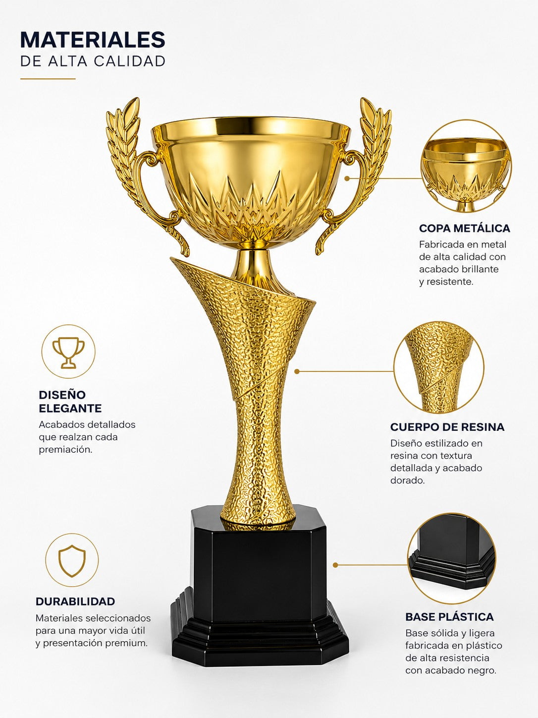 Trofeo Copa Metal Dorado con Base Plástica - 26, 32 y 37 cm