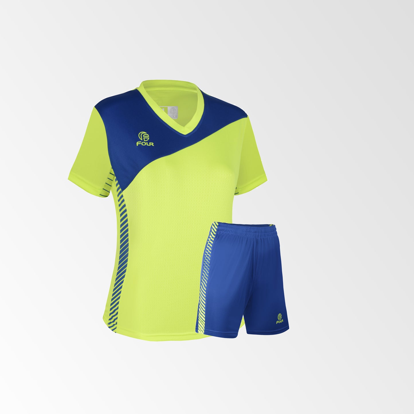 Camiseta de Futbol Mujer y Short Modelo Olympique Amarillo-Neón Azul-Rey